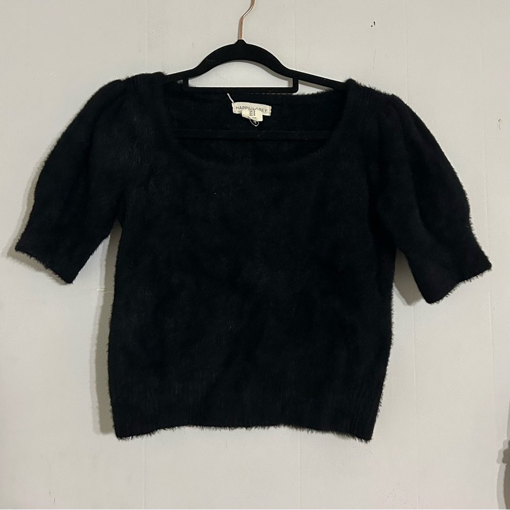 Fuzzy Black Short Sleeve Textured Sweater Top